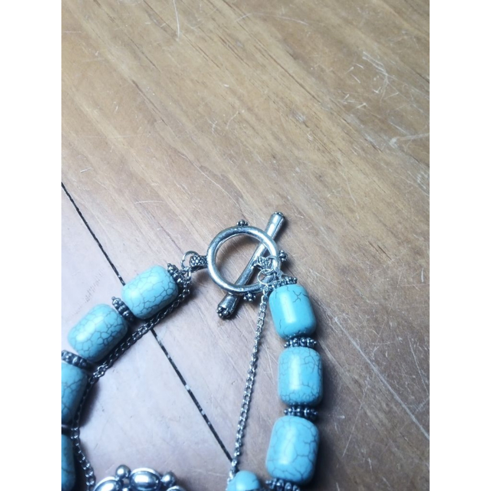 Bracelet Turquoise Beaded Heart Charm Silver Tone - Picture 3 of 4